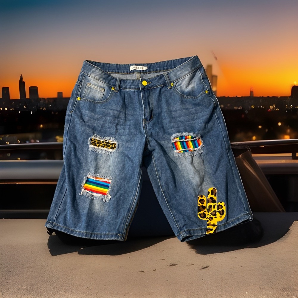 Misslook Rainbow Patch Bermuda‎ Denim Shorts Blue Trendy Waist Flat 15"
